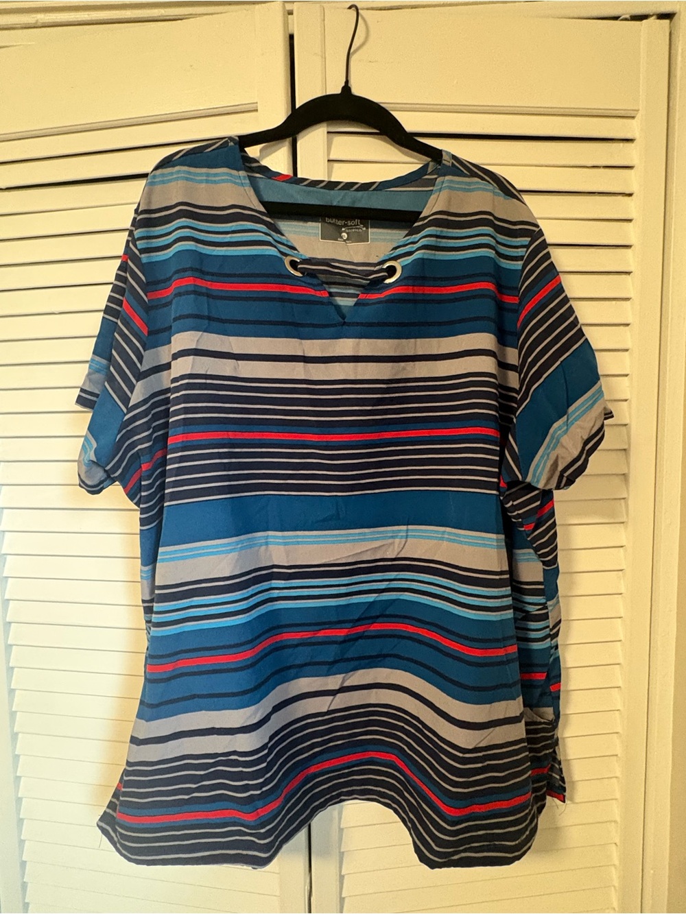 Butter Blue Striped Lace-Up Short Sleeve Scrub Top with Red Accents
